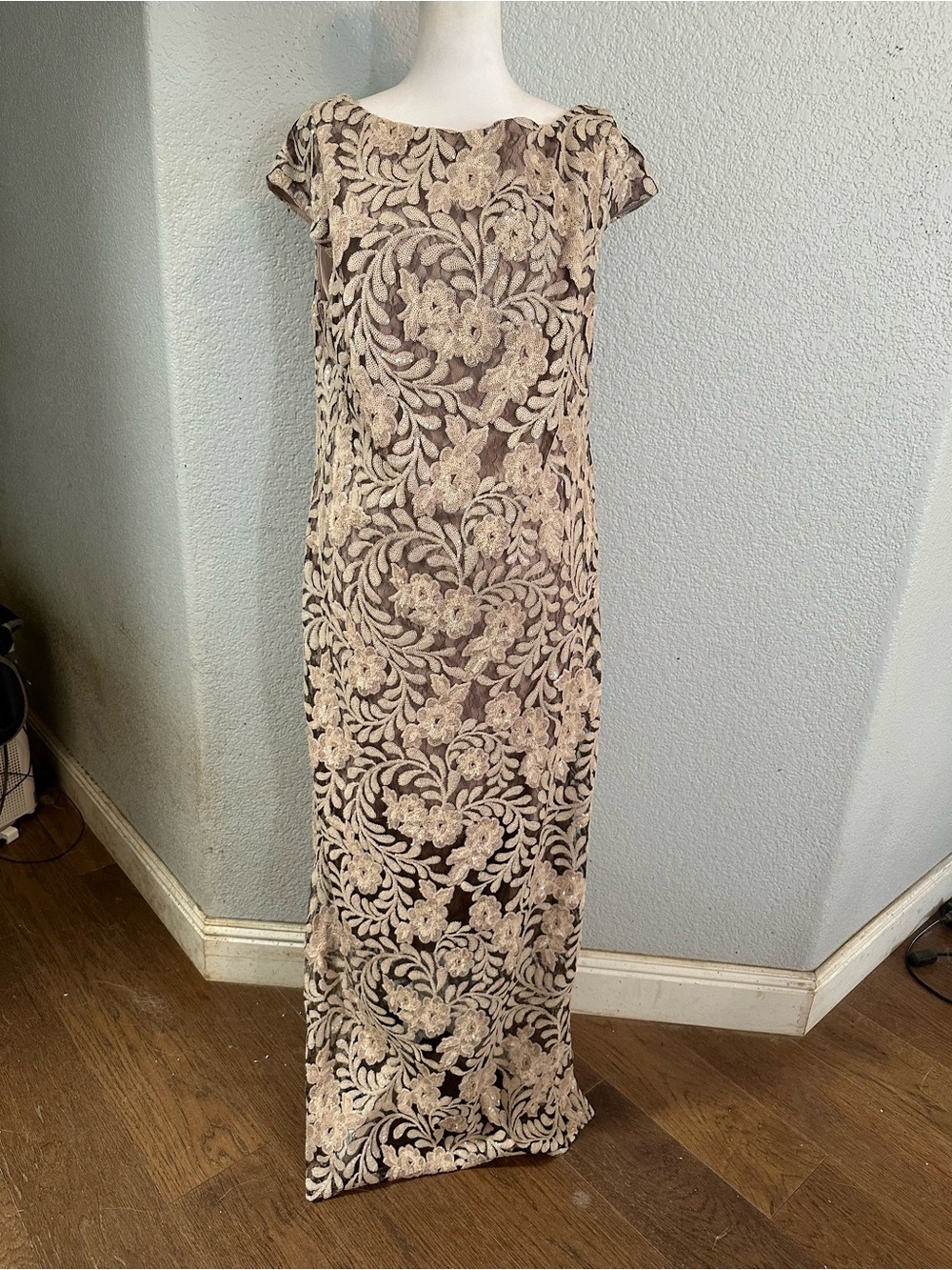 Cream Sequin Floral Overlay Maxi Dress